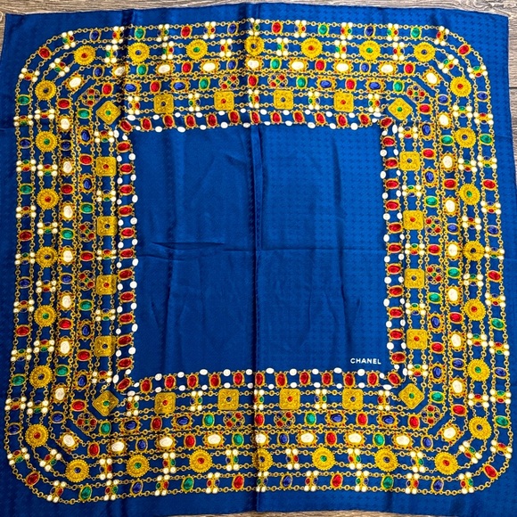Authentic CHANEL Blue Scarf with Gold and Red Accents